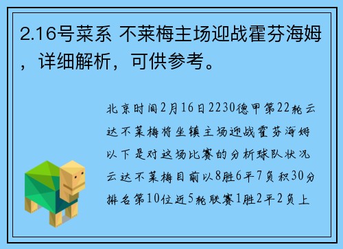 2.16号菜系 不莱梅主场迎战霍芬海姆，详细解析，可供参考。